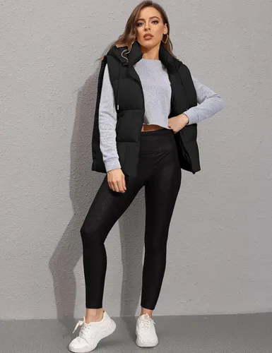 Vista 6 de EsheSy Chaleco acolchado para mujer con capucha extraíble, sin mangas, con cremallera completa, chaqueta acolchada de plumón