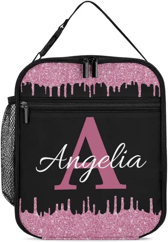 Vista 16 de Bolsa de almuerzo con nombre personalizado para hombres y mujeres, con monograma de purpurina azul, hielera, portátil, con nombre, para niñas