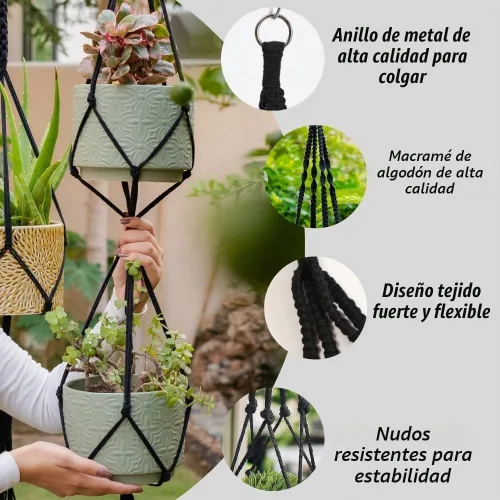 Vista 8 de Feedee Ganchos de macramé para plantas, paquete de 6, color negro, interior/exterior, algodón