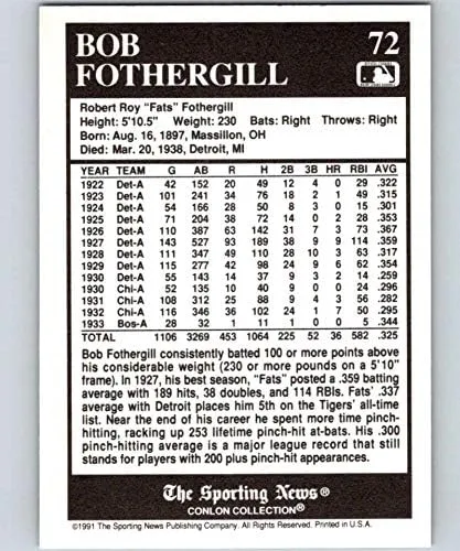 Vista 2 de 1991 Conlon Collection WITH MLB Logo Series One #72 Bob Fothergill Detroit Tigers Official MLB Trading Card From The Sporting News in Raw