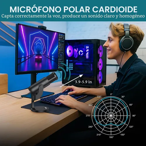Vista 2 de Micrófono de condensador USB para computadora, micrófono de PC Plug & Play con ganancia de micrófono eco, control de volumen y botón de silencio