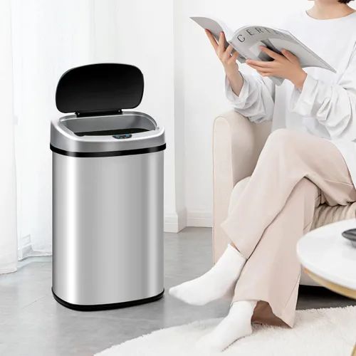 Vista 2 de Cubo de basura automático de acero inoxidable de 13 galones con tapa, sensor de movimiento, para cocina, hogar, oficina, sala de estar, dormitorio