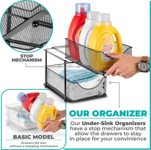 Vista 4 de Sorbus Organizador de metal para debajo del fregadero de 2 niveles para baño, cocina, cajones deslizantes de malla de acero fuerte para debajo