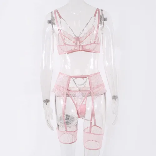 Vista 7 de Conjunto de lencería de red de 3 piezas para mujer, conjunto de brasier y braga de encaje con aros y liguero