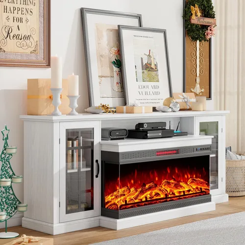 Vista 8 de LUXOAK Soporte de TV con chimenea de 75 pulgadas con chimenea eléctrica de Blanco envejecido