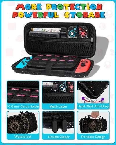 Vista 4 de Funda 9in1 Sun Moon Witchy Switch para Nintendo Switch, fundas de transporte y accesorios de almacenamiento, kit de agarre para pulgar+soporte