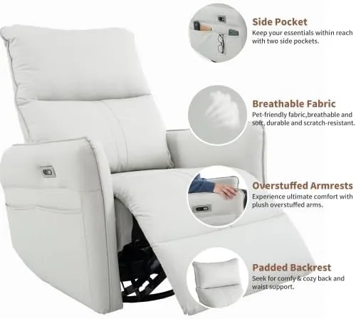 Vista 6 de Silla reclinable giratoria de 270 °, sofá reclinable eléctrico con carga Gris claro
