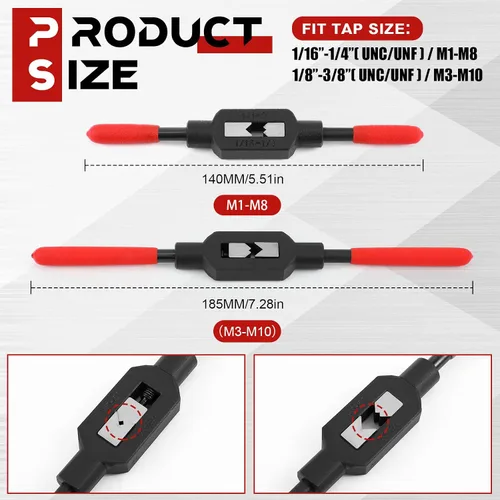 Vista 2 de WILLBOND 2 llaves de grifo ajustables M1-M10, herramienta de mango de trinquete para escariador para reparación de roscas automotrices, previamente