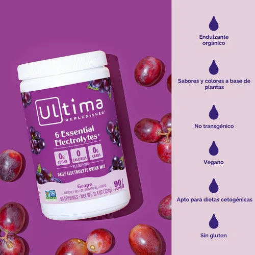 Vista 5 de Ultima replenisher Electrolyte polvo Nueva Fórmula, 1, 1 Zero Sugar Grape Hydration Powder with 6 Electrolytes & Minerals - Sugar Free