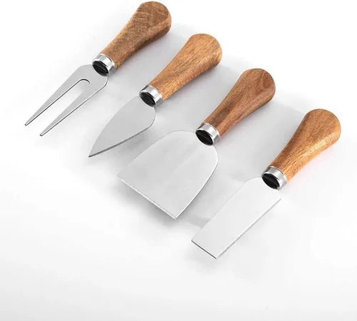 Vista 6 de Juego de cuchillos de queso de 4 piezas con asas de madera, cuchillos de queso de acero inoxidable, esparcidores de queso, cuchillo de mantequilla