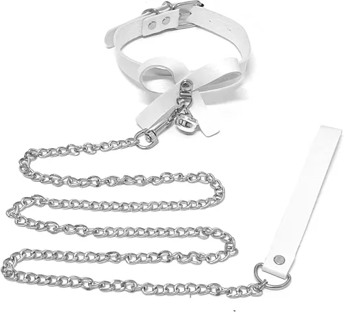 Vista 6 de Tosmifairy Gargantilla gótica de cuero para hombres y mujeres, collar de discoteca, cadena de aluminio, correa con mango de poliuretano