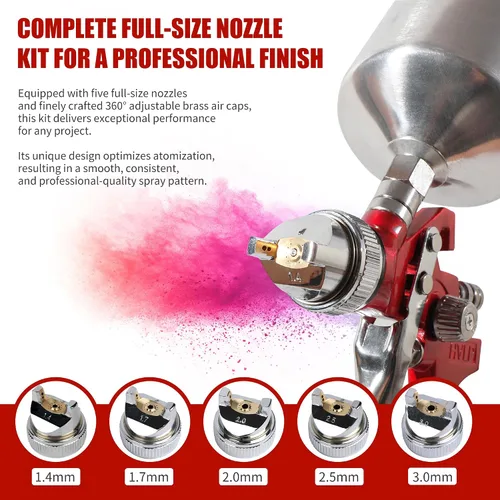Vista 2 de HVLP Pistola de pintura en aerosol para automoción – El kit de pistola de pintura de alimentación por gravedad incluye 5 boquillas