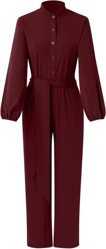 Vista 5 de YUHAOTIN Overol blanco para mujer, boda, talla grande, casual, ajuste holgado, cinturón, manga larga, cuello redondo