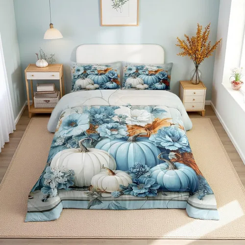 Vista 14 de Erosebridal Juego de edredón individual de pavo de Acción de Gracias, juego de ropa de cama de calabaza con hojas de otoño para niños y adultos