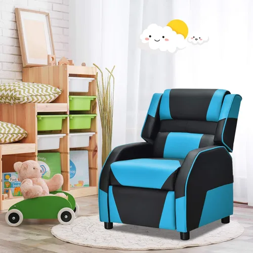 Vista 10 de Giantex Silla reclinable para niños, silla reclinable para juegos con reposapiés, reposacabezas y soporte lumbar, silla ergonómica de cuero para Azul