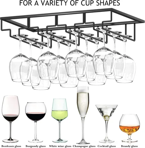 Vista 3 de Estante para copas de vino, paquete de 2 soportes para copas de vino, 4 filas de metal negro, colgador de almacenamiento para copas de vino debajo