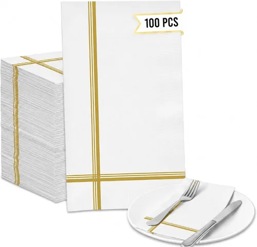 Vista 11 de Servilletas negras y doradas – Juego de 100 servilletas desechables de cóctel y postre de 5 x 5 pulgadas con borde dorado, perfectas para bodas