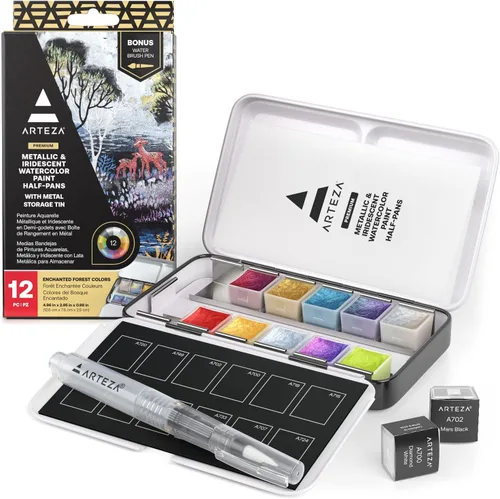Vista 9 de ARTEZA Juego de Pintura de Acuarela Metálica – 12 Medias Pastillas Iridiscentes, Paleta Compacta de Viaje con Pincel para Pintura, Diario y Medios
