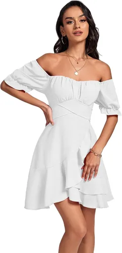 Vista 5 de LYANER Minivestido cruzado con volantes y cuello cuadrado para mujer, hombros descubiertos, manga corta, acampanado, vestido fluido