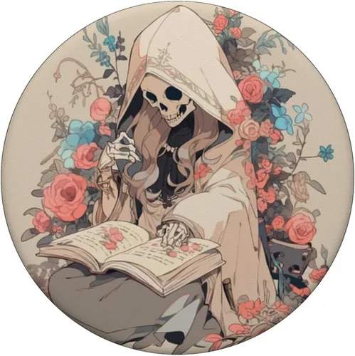 Vista 3 de Bibliotecario esqueleto gótico gótico amante de la lectura de libros Beige PopSockets intercambiables PopGrip