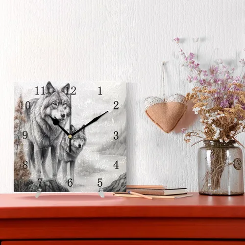 Vista 2 de Nander 3D Wolf - Reloj de pared cuadrado de 9.45 pulgadas, funciona con pilas, reloj de escritorio silencioso de cuarzo para el hogar, oficina
