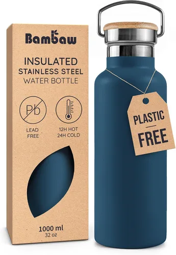 Vista 23 de Bambaw Botella de agua de acero inoxidable de 12 onzas, azul Egeo, 350 ml, de doble pared aislada, a prueba de fugas, apta para lavavajillas, sin