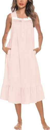 Vista 47 de YOZLY Camisones de algodón para mujer con bordado, sin mangas, con bolsillos S-XXXL