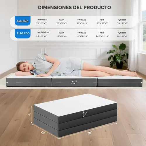Vista 2 de MASVIS Colchón Tríptico, Colchón Plegable de Espuma Viscoelástica de 3 Pulgadas con Funda Lavable, Cama de Piso Tri-Plegable para Acampar, Twin