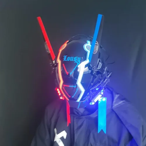 Vista 2 de KYEDAY Máscara punk para hombres, máscara de contraste de color rojo y azul, ropa técnica punk futurista, accesorios de fiesta de música, festivales