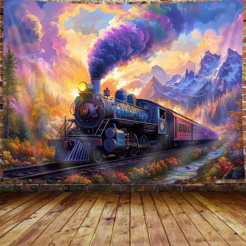 Vista 12 de Tapiz de Tren de Vapor, Tapices de Paisaje Otoñal de Tren de Motor Antiguo Decoración para Niños, Tapices de Arte de Acuarela de Bosque de Montaña