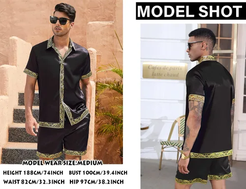 Vista 2 de Conjunto de camisa hawaiana y pantalón corto para hombre, conjunto de 2 piezas, estampado de lujo, casual, con botones, manga corta, camisa de satén