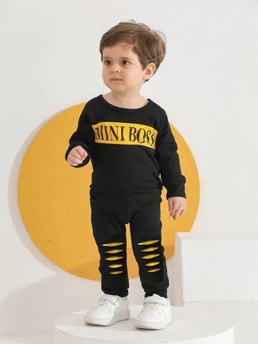 Vista 4 de Conjunto de 2 piezas de sudadera con estampado de letras de manga larga y pantalones para bebé niño