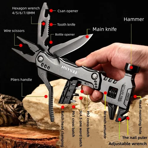 Vista 2 de Martillo multiherramienta con llave ajustable Fesasn, 16 en 1 Pocket Multi Tool Pliers, Stainless Steel, Survival Camping Multi Tool, Home DIY &