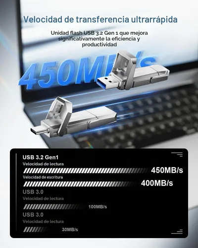 Vista 2 de 64GB Unidad Flash SSD-Grade USB C Hasta 450MB/s USB 3.2 Unidad Flash de Estado Sólido Tipo-A + Tipo-C Memoria Stick de Almacenamiento de Datos