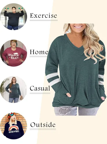 Vista 3 de ROSRISS Plus-Size-Tops for Women Long Sleeve V Neck Shirts Oversized Pockets Tunics