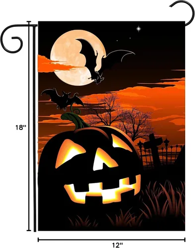 Vista 4 de Bandera de Halloween de Halloween con diseño de calabaza de murciélago y luna, cementerio, jardín, patio, 12 x 18 pulgadas, doble cara decorativa