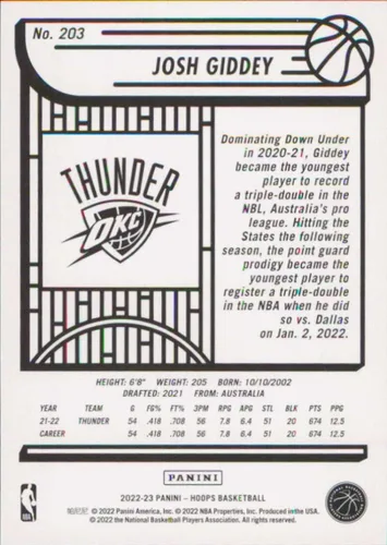 Vista 2 de Panini NBA Hoops # 203 Josh Giddey NM-MT Oklahoma City Thunder Baloncesto 2022-23 NBA