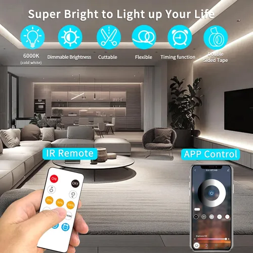 Vista 2 de Tira de luces LED COB de 16.4 pies, 6000K Blanco, regulable, CC de 24 V, cinta LED flexible para dormitorio, con control remoto y aplicación, tira