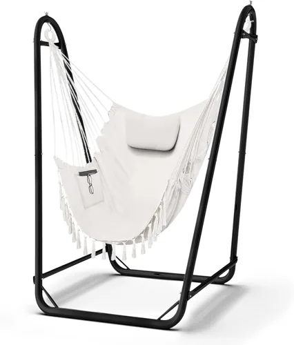 Vista 9 de Silla hamaca única en forma de U con soporte, resistente y resistente al óxido, silla hamaca de algodón gris gratis