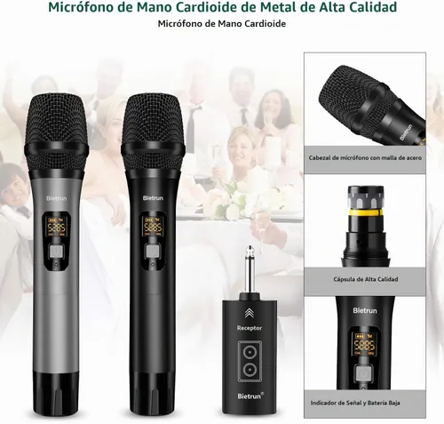 Vista 4 de Micrófono inalámbrico con Bluetooth, sistema de micrófono de metal dinámico de mano dual UHF profesional con receptor recargable, rango de 160 pies