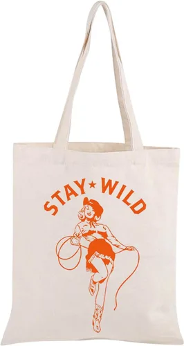 Vista 5 de BLUPARK Bolsa de compras vintage retro vaquera con texto en inglés "Stay Wild