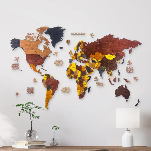 Vista 2 de Mapa del mundo, decoración artística para pared, mapa de madera, mapa del mundo de madera 3D, mapa grande para pared, mapa colorido de madera