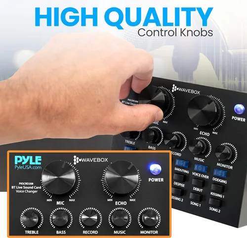 Vista 4 de Pyle Mini mezclador de podcast de audio Bluetooth - Transmisión en vivo para computadora de PC, iPhone, cambiador de voz, tarjeta de sonido V8