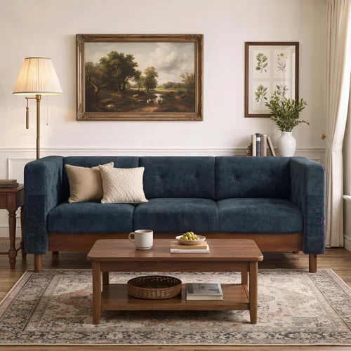 Vista 3 de French Country - Sofá de felpilla de 78 pulgadas con patas de madera de 78" 3 plazas azul