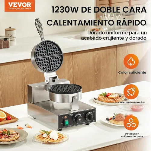 Vista 2 de VEVOR Gofrera Comercial, Máquina de Waffles Redonda de 1230W, Plancha de Waffles Belga Antiadherente de Acero Inoxidable con Control de Temperatura