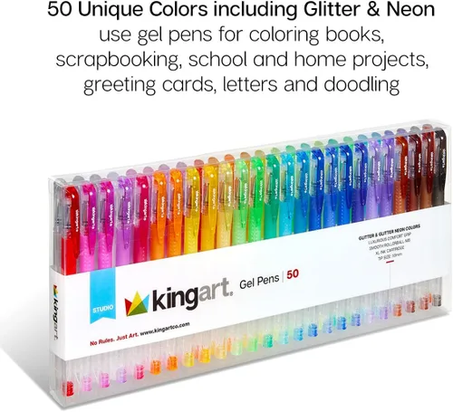 Vista 5 de KINGART Bolígrafos de gel de punta redonda con purpurina, 50 colores brillantes con comodidad de agarre suave, cartucho de tinta XL, más tinta