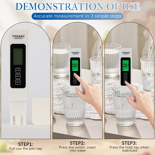 Vista 5 de Probador digital de calidad de agua 4 en 1,2025 NewTDS/EC/Temperatura (°C/°F)Medidor,Medidor 0-9990 PPM,Probador de agua para agua potable Sistema