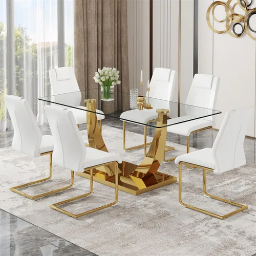 Vista 35 de Juego de mesa de comedor de cristal de 63 pulgadas para 4, mesa de comedor para 4, mesa de comedor con patas y base de acero inoxidable, sillas