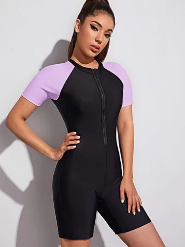 Vista 4 de MakeMeChic Traje de baño deportivo de una pieza con cremallera y bloque de color para mujer