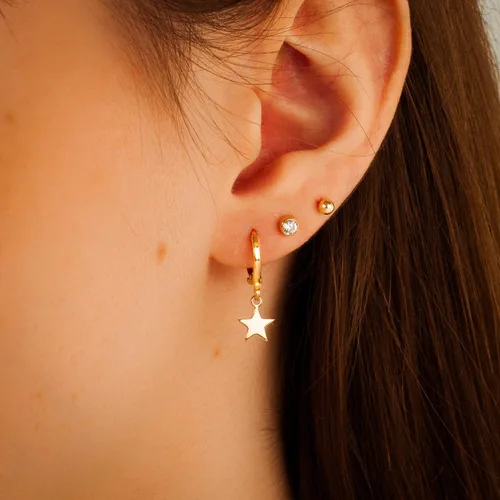 Vista 15 de 14K Gold Clasp Closure Dangle Earrings, Trendy Hoop with Charm, Huggie Hoop Earrings, Hypoallergenic Nickel Free Earrings, Lightweight Huggies for